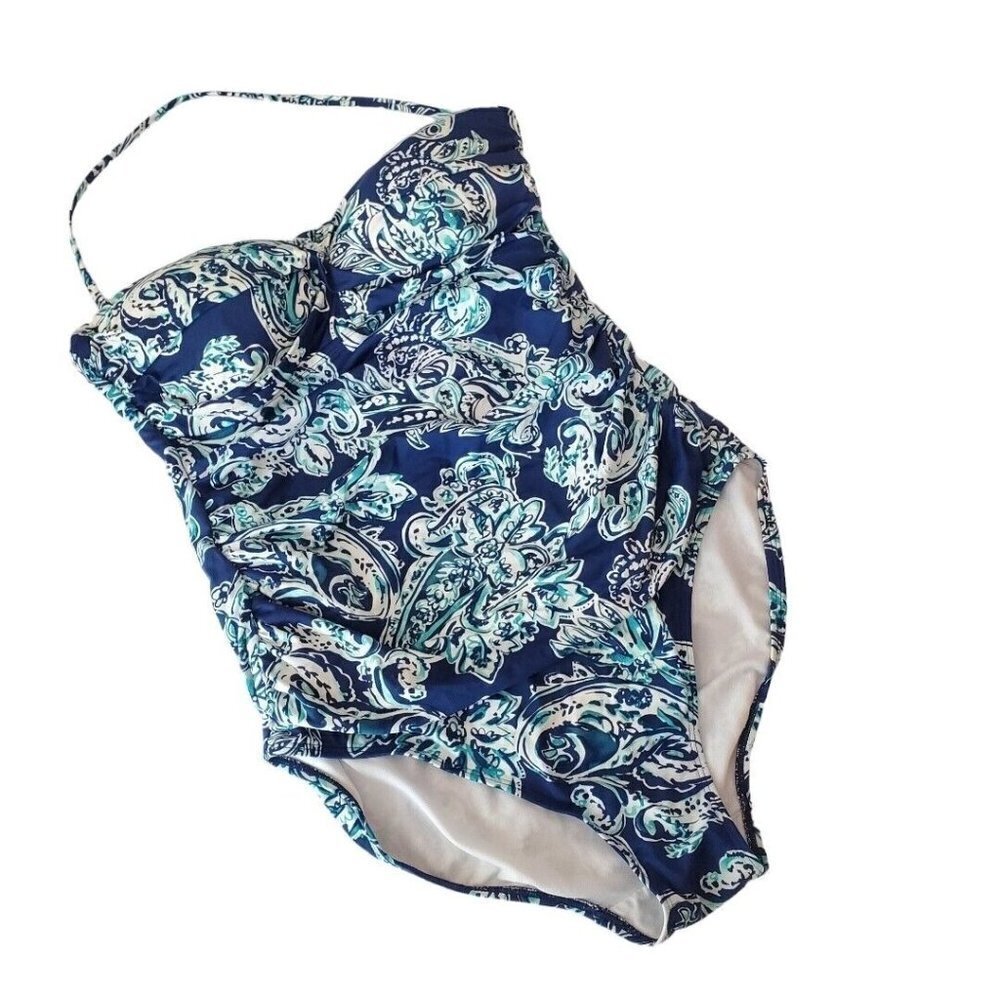 LAUREN Ralph Lauren One piece Swimsuit 10 Blue White Paisley Twist front‎ Beach